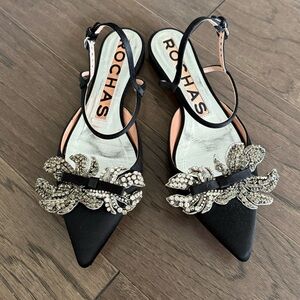 Rochas Jeweled Satin Pointed Slingback Flats. Size EU 37 / US 6,5-7